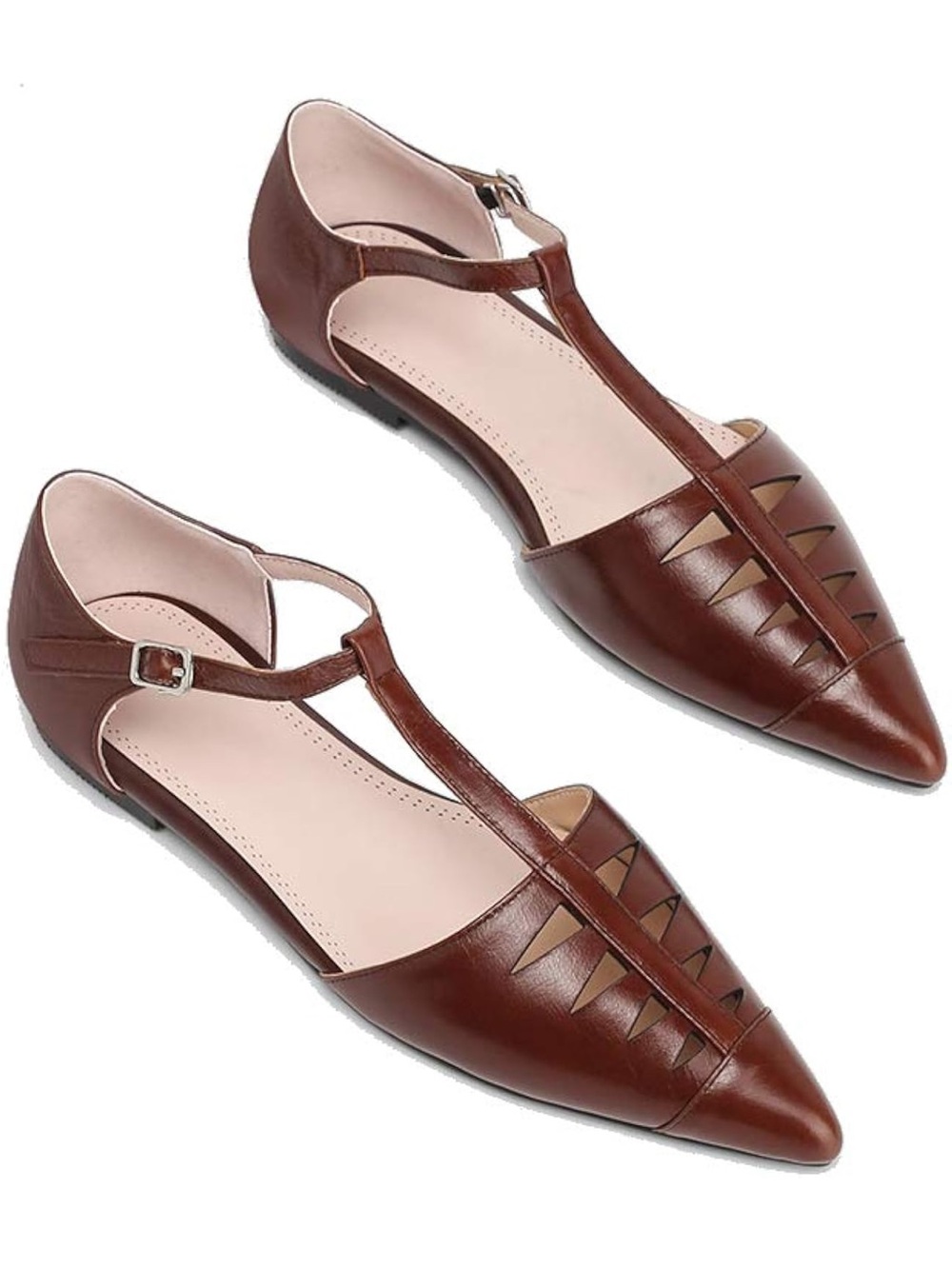 Pointed Toe T-Strap Flats Ankle Strap Genuine Leather Low Heel Pumps Closed Toe